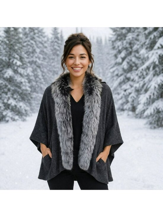 Magaschoni Sweaters - Magaschoni 100% Cashmere Cape With Fox Fur Trim Womens 2 Gray